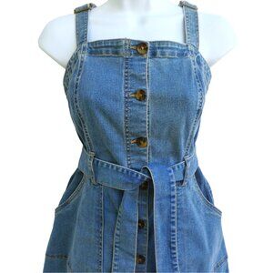 Vintage 90s Y2K Stretchy Denim Tank Dress Square Neck Full Button Belt Pockets